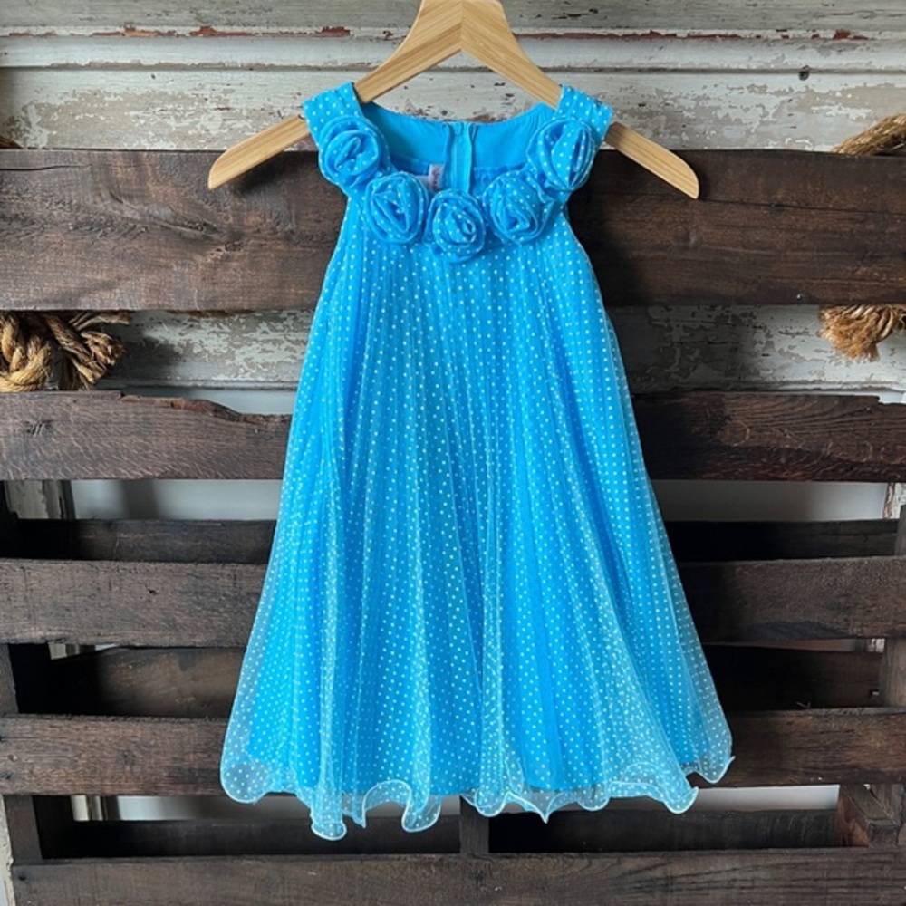 JESSICA ANN Girls Swing Dress in Blue with White Polka Dots SMALL